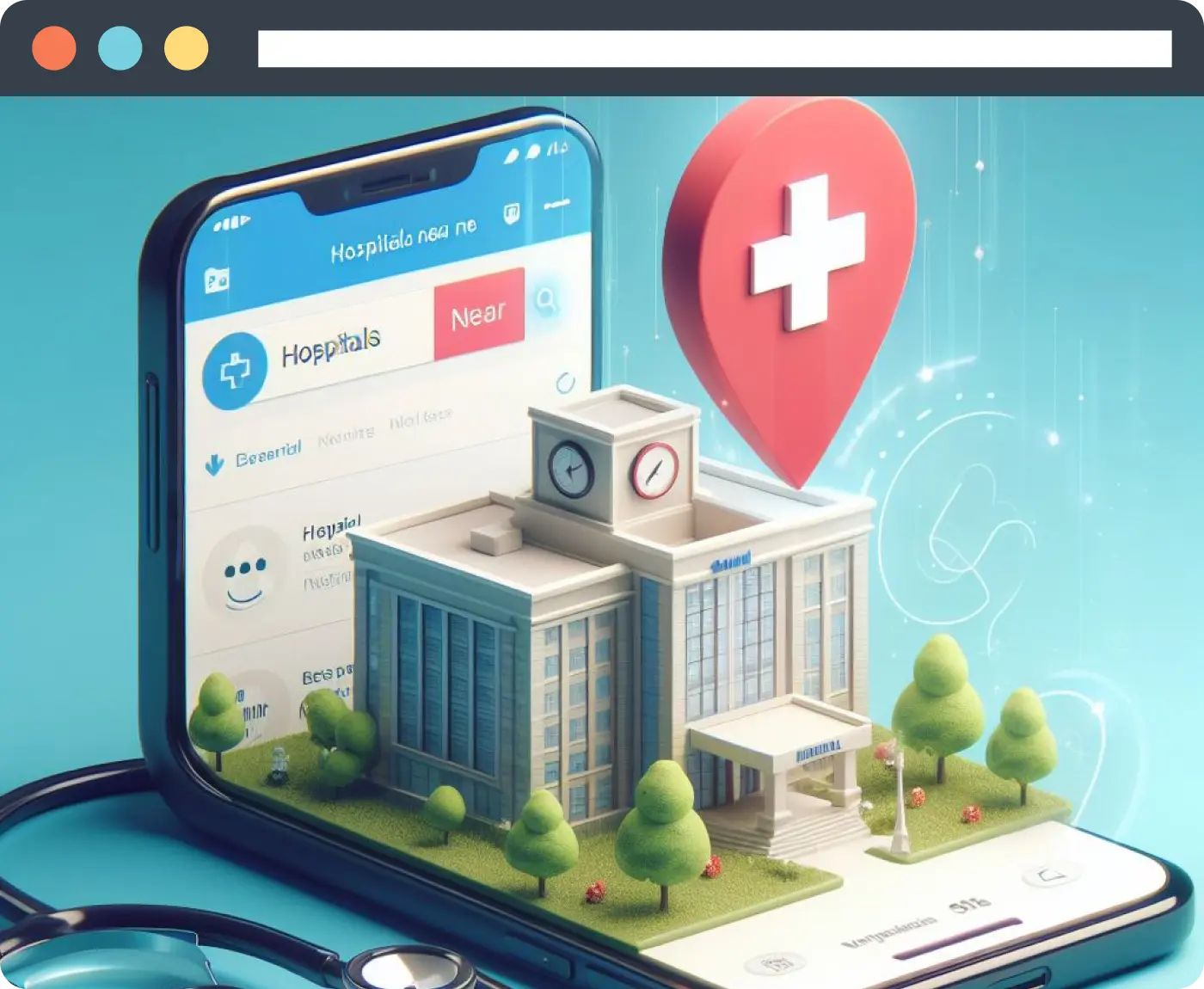 a phone with a 3D image of a hospital and a map icon showing search results of hospitals near me